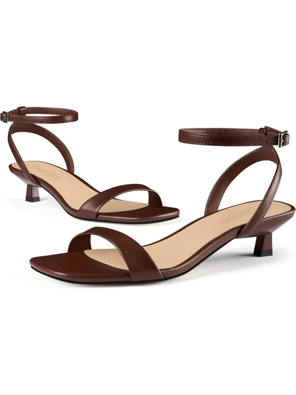 Women's Brown Faux Leather Square Open Toe Ankle Strap Kitten Heel Sandals